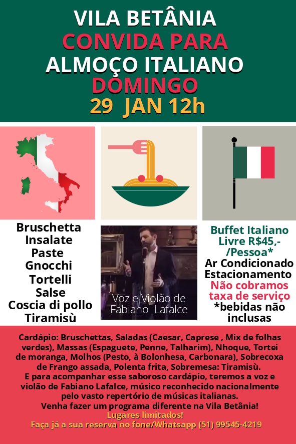 Vila Betânia convida para almoço italiano no próximo dia 29